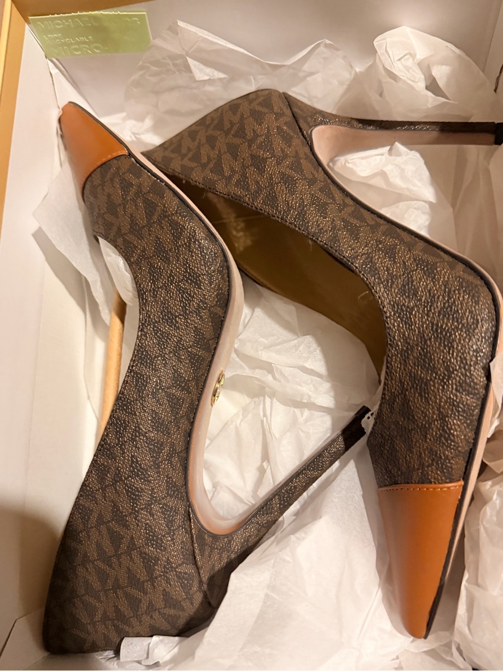MICHAEL Michael Kors Brown Logo Pointed Toe Pumps with Tan Cap Toe